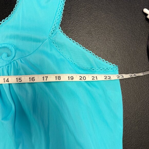 VTG Lorraine Nylon Nightgown LARGE Aqua Blue Sleeveless Long Lace Trim Made USA - Picture 4 of 8
